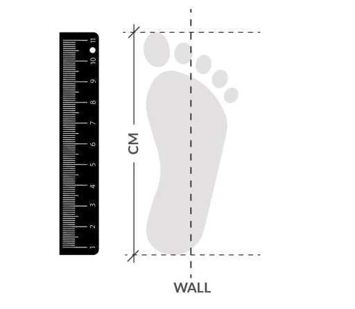 Measure foot length from heel against the wall to the longest toe (cm)